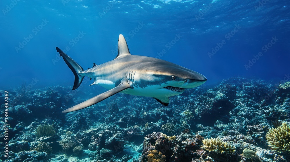 Encountering the Majestic Shark in its Natural Habitat Surrounded by Coral Reefs Encountering the Majestic Shark in its Natural Habitat Surrounded by Coral Reefs