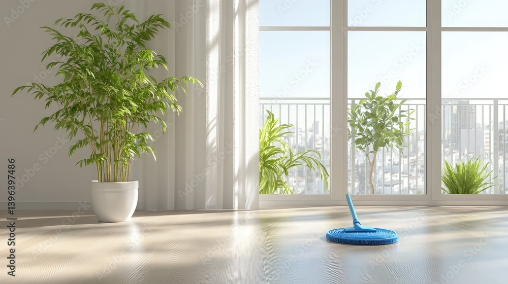 A clean and minimalist home featuring a blue mop near a bright balcony filled with lively greenery. A clean and minimalist home featuring a blue mop near a bright balcony filled with lively greenery.