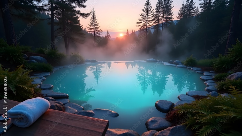 Serene Sunrise Hot Spring Spa Tranquil Forest Pool