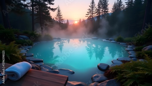 Obraz na płótnie Serene Sunrise Hot Spring Spa Tranquil Forest Pool w salonie