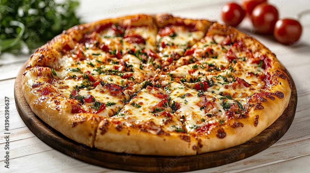 Margherita pizza displayed on a white wooden table. Margherita pizza displayed on a white wooden table.