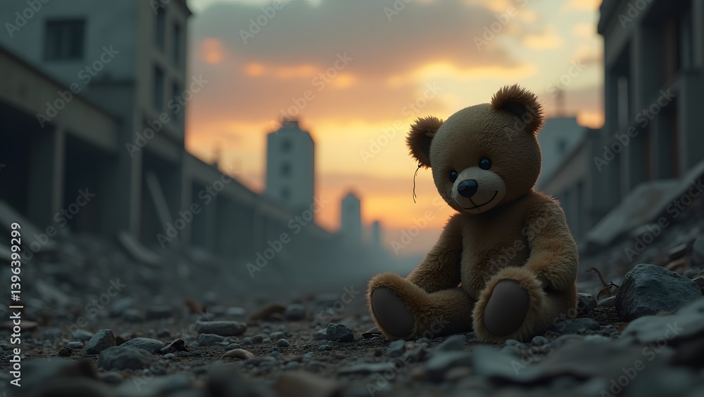 Lonely Teddy Bear in Post Apocalyptic City at Sunset