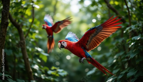 Vivid Parrots Soar Through Lush Canopy