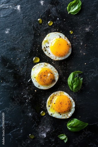 Three Perfectly Fried Eggs with Basil and Pepper