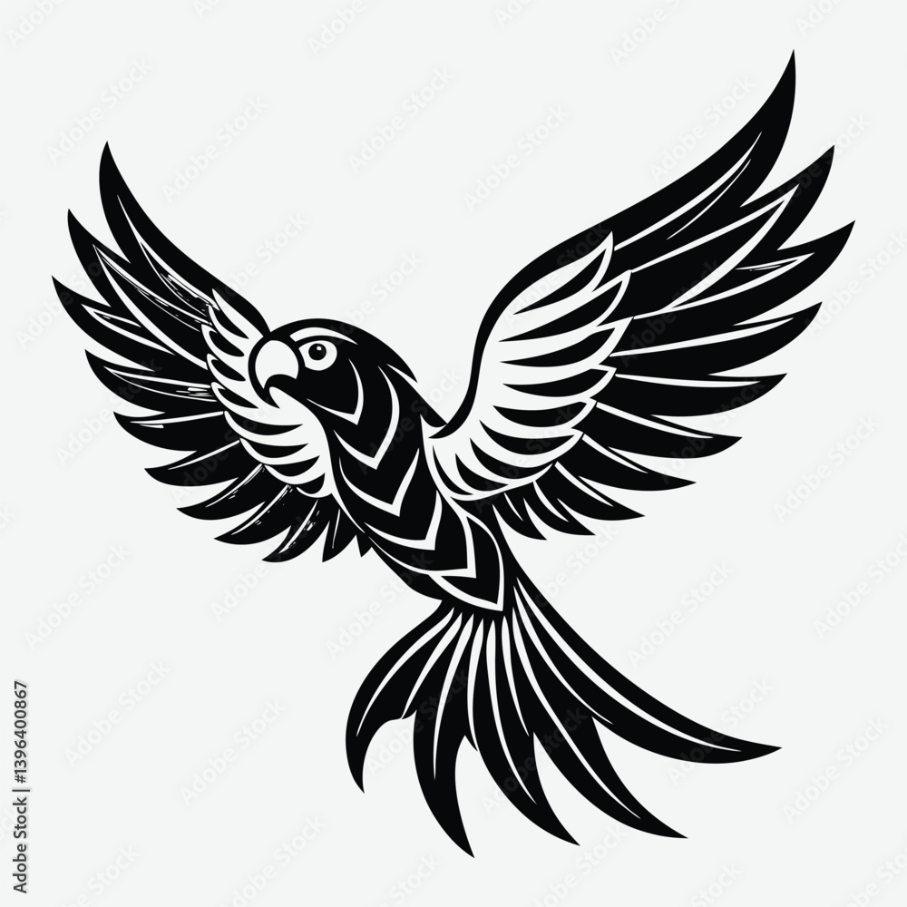 Fototapeta premium Black and white stylized parrot in flight