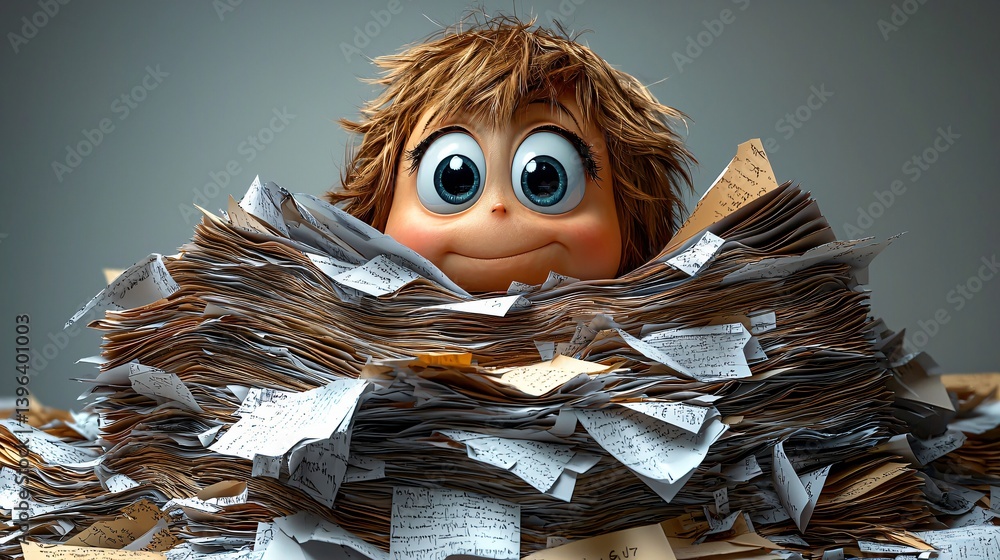 Animated character, buried in documents