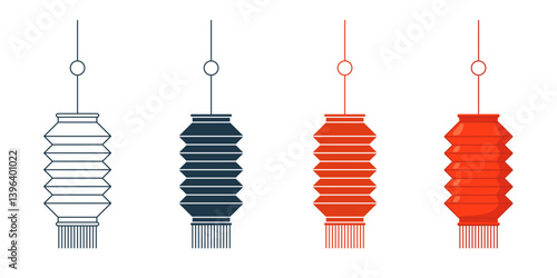 Chinese paper lanterns set. Red hanging lamps with tassels in traditional outline and flat style. Festive Asian symbols for Lunar New Year, celebration, decoration or cultural greeting vector design.