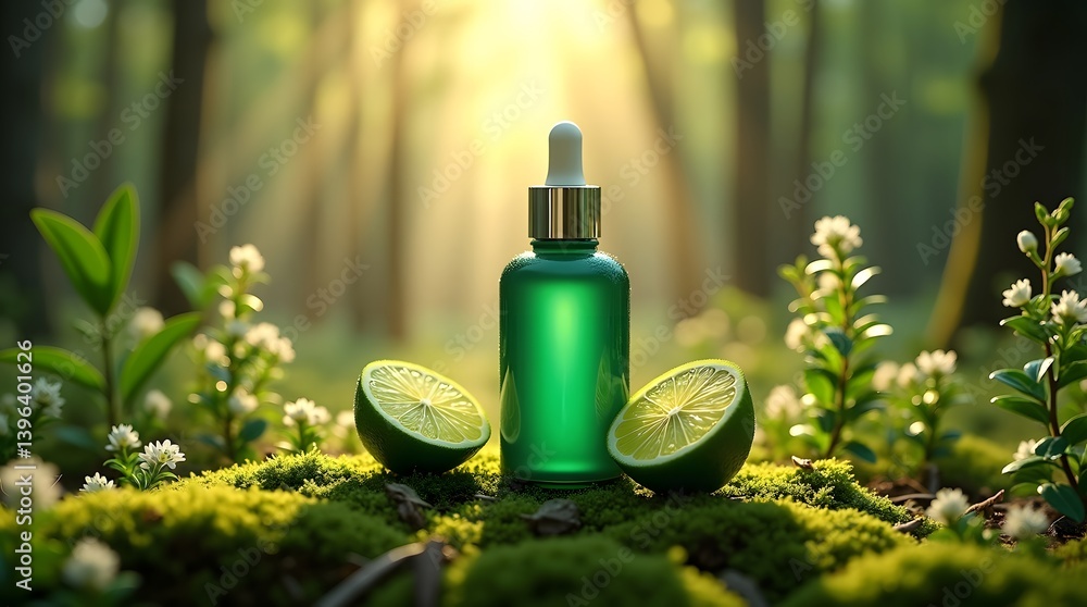 Green Bottle Essential Oil with Lime in Forest