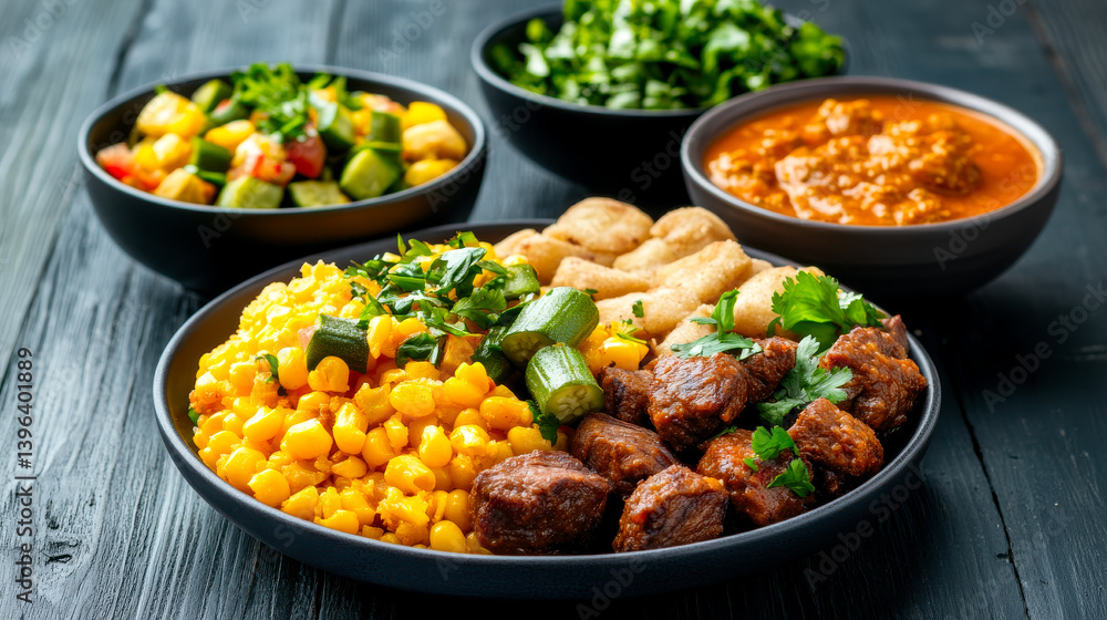 A vibrant platter of assorted dishes featuring meat, corn, and fresh vegetables, served alongside flavorful sauces. A vibrant platter of assorted dishes featuring meat, corn, and fresh vegetables, served alongside flavorful sauces.