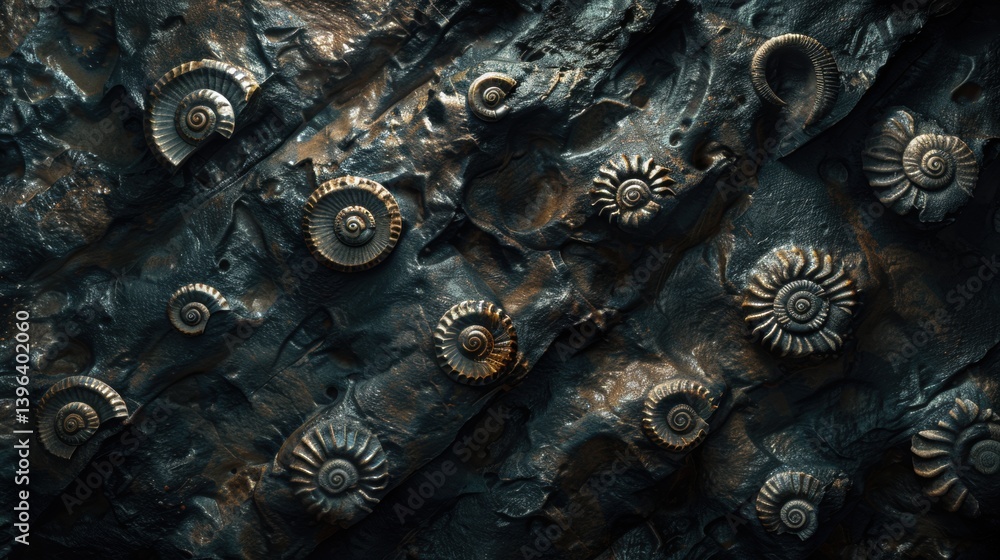 Fossilized Spiral Shells Embedded in Textured Rock