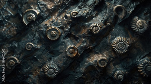 Obraz na płótnie Fossilized Spiral Shells Embedded in Textured Rock w salonie
