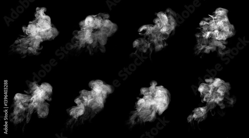 set white smoke steam spray and abstract vapor water isolated on a black background. concept of texture cold mist or hot vapor, fog effect, and cloud for design air pollution, element smog