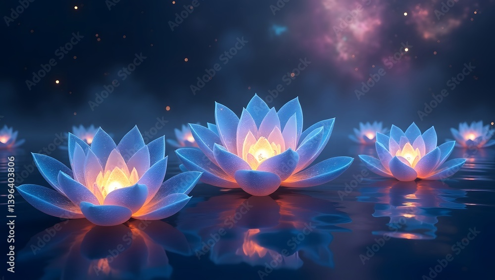 Glowing Lotus Flowers on Calm Water at Night