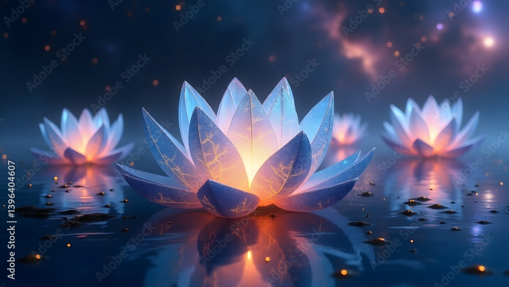 Illuminated Lotus Flowers on Calm Water at Night