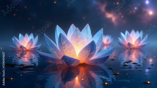 Obraz na płótnie Illuminated Lotus Flowers on Calm Water at Night w salonie