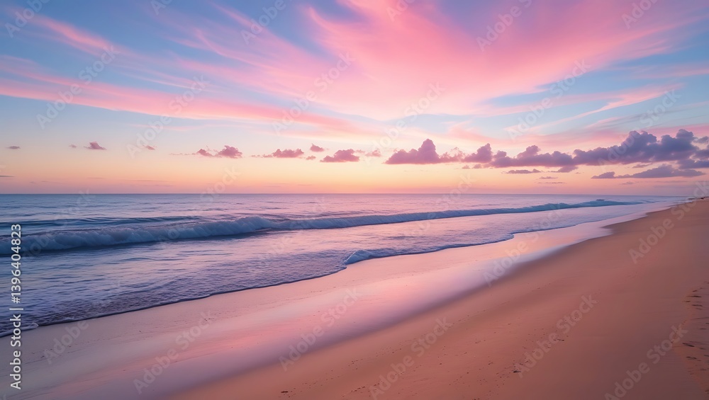 Obraz premium Serene Sunset Beach with Golden Sand and Pastel Sky – Peaceful Ocean Landscape Photography