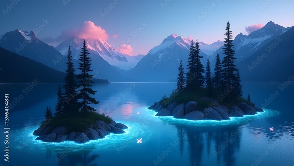 Magical Island Lake Mountains Sunset Glowing Water Serenity