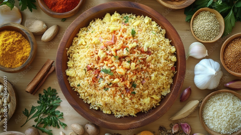 A freshly plated dish of Northern fried rice, surrounded by spices and fresh ingredients. A freshly plated dish of Northern fried rice, surrounded by spices and fresh ingredients.