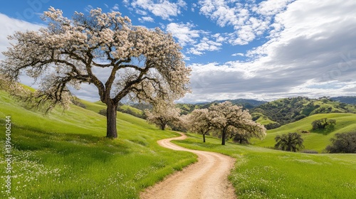A peaceful hiking trail lined with delicate blossoms, snaking through rolling hills under a brilliant sky.