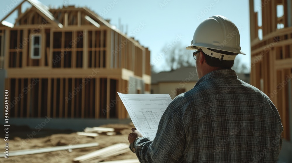 A general contractor overseeing a construction site. Featuring leadership and organization