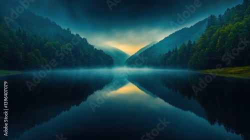 Misty Mountain Lake Reflection: A Serene Dawn