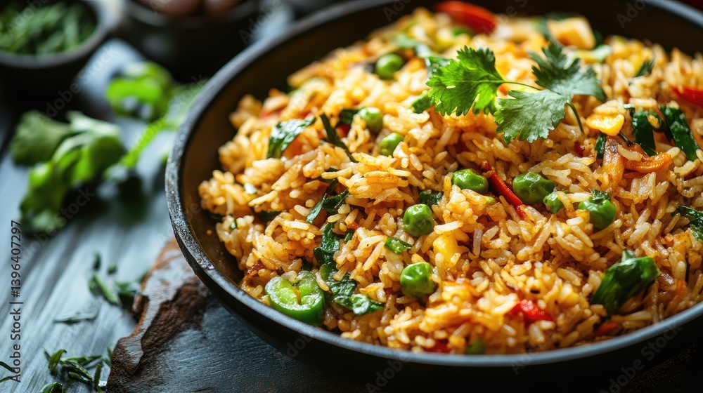 A sizzling pan of freshly cooked Northern fried rice, filled with vegetables and fragrant spices. A sizzling pan of freshly cooked Northern fried rice, filled with vegetables and fragrant spices.