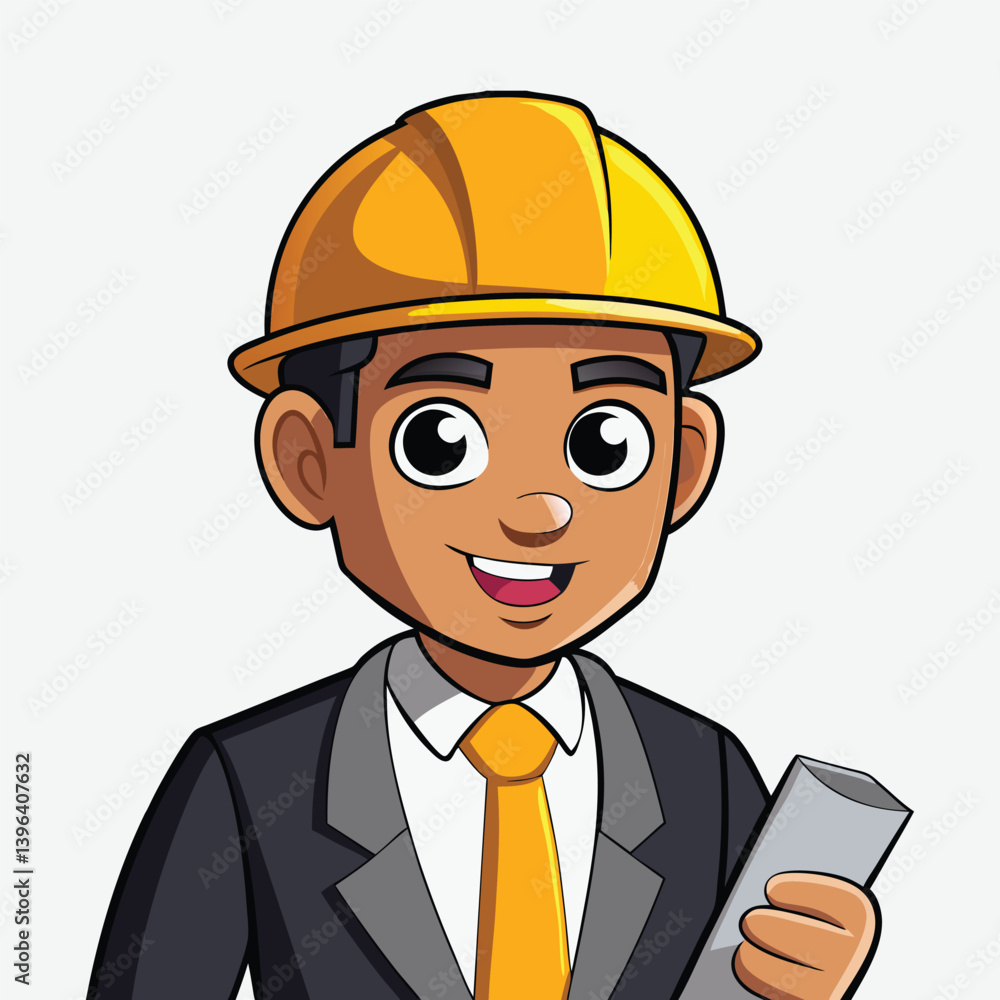 Smiling cartoon builder in hardhat manages construction work Smiling cartoon builder in hardhat manages construction work