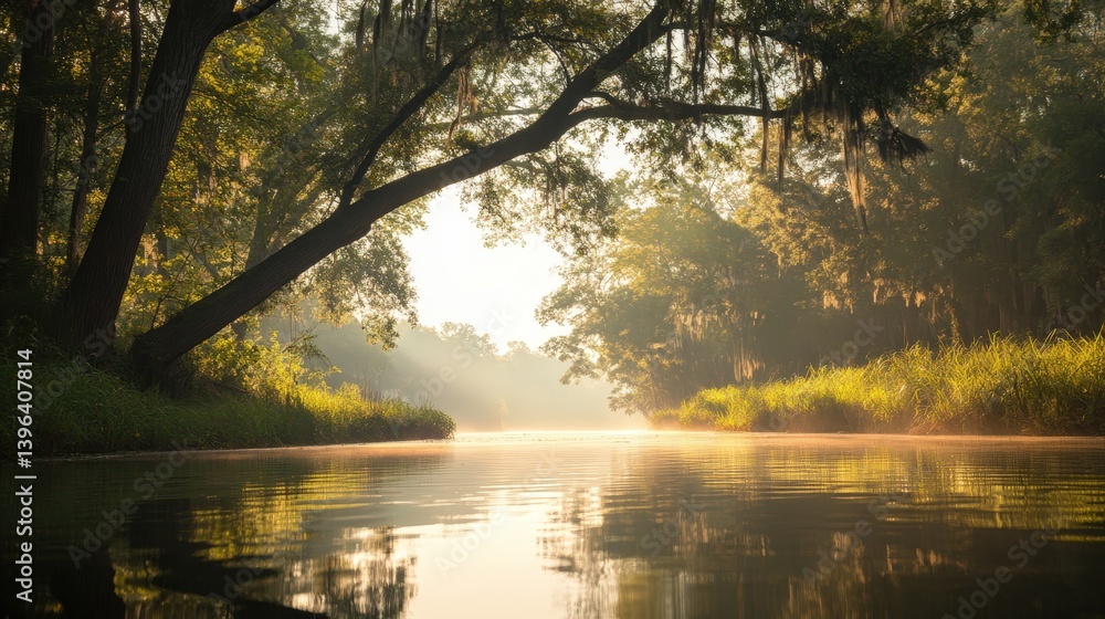 Obraz premium Reflective serenity of overhead canopy tranquil river nature scene early morning aesthetic view overhead canopy mirrored in water