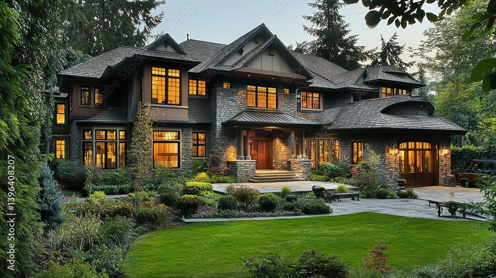 Fototapeta premium A stunning, contemporary, stone-clad home with meticulously landscaped gardens at dusk.