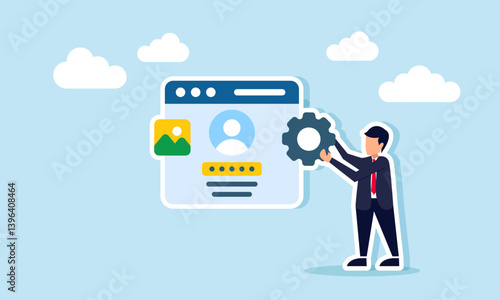 A businessman holds a gear beside an application platform interface showing a login landing page, illustration of account and document security maintenance in a business company