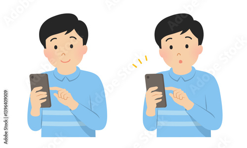 スマホを操作する男性のセット_ベクターイラスト