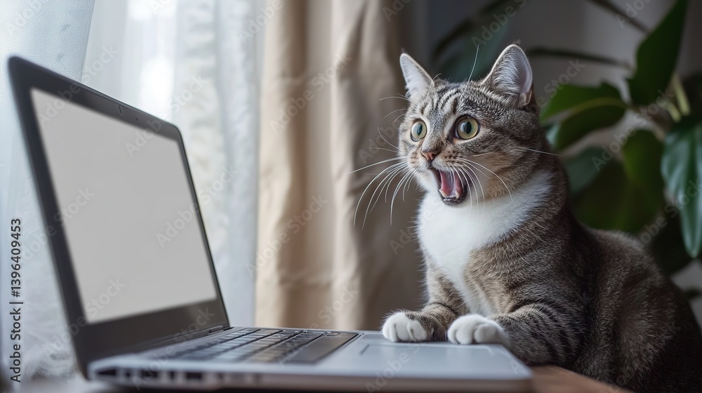 Curious Cats Staring in Amazement at Laptop Screen on Table Curious Cats Staring in Amazement at Laptop Screen on Table