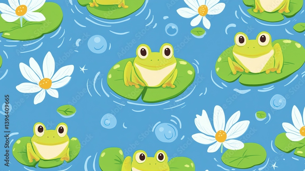 Obraz premium Adorable Frogs and Waterlilies in a Childish Seamless Pattern for Kids' Decorative Design