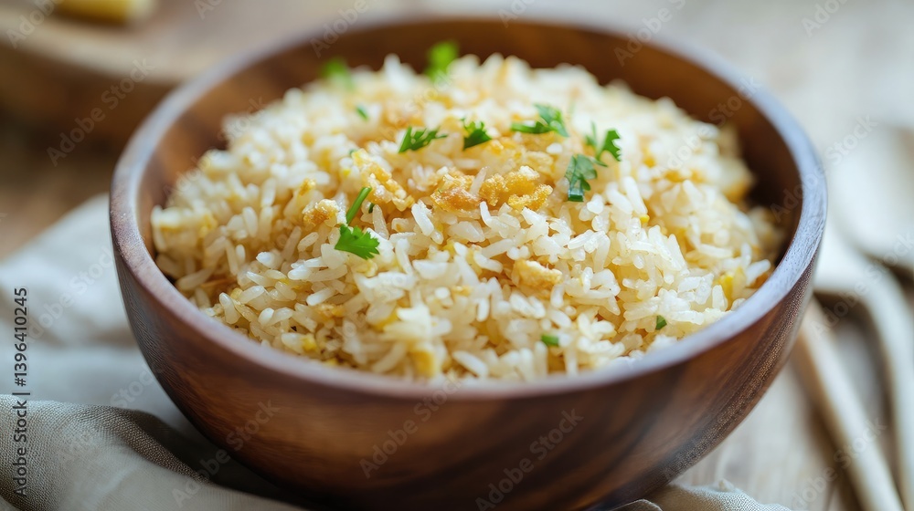 Northern fried rice with a golden hue, garnished with coriander and crispy fried garlic. Northern fried rice with a golden hue, garnished with coriander and crispy fried garlic.