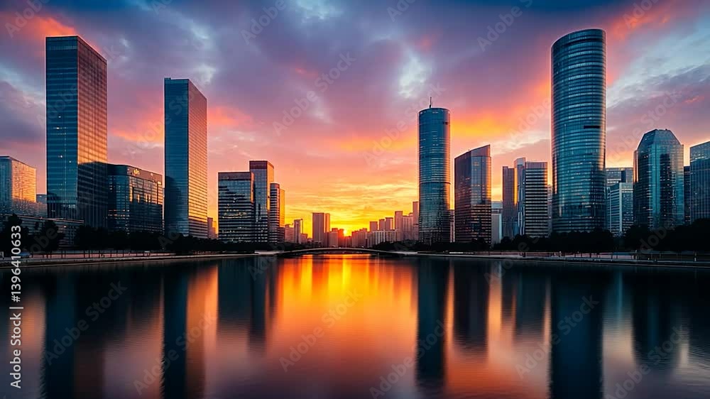 City skyline at sunrise reflecting on calm water City skyline at sunrise reflecting on calm water
