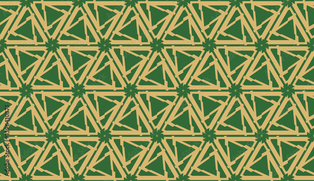 Decorative background with triangles. Curved lines. Vector illustration. Green, gold color. Bright background for poster, banner, flyer. Seamless Decorative background with triangles. Curved lines. Vector illustration. Green, gold color. Bright background for poster, banner, flyer. Seamless