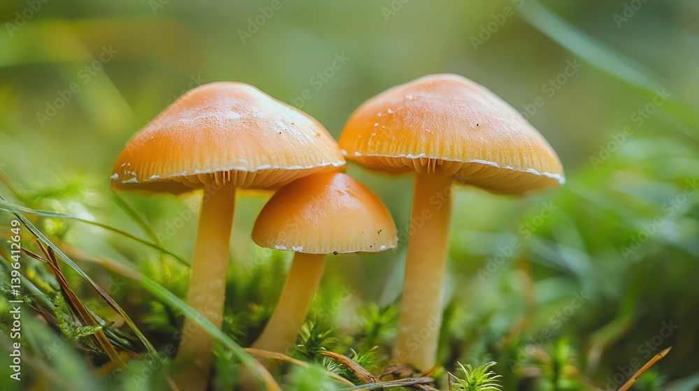 Three Honey Fungus Mushrooms Growing in Forest Moss Close-up Three Honey Fungus Mushrooms Growing in Forest Moss Close-up