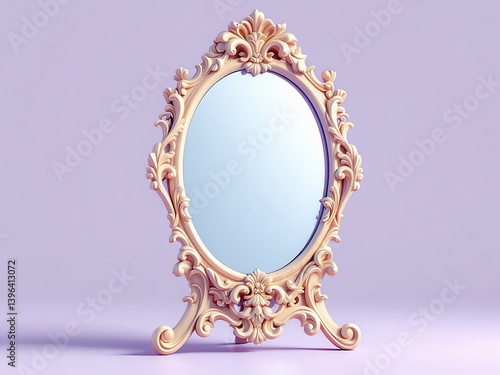 Ornate Pastel Pink and Gold Mirror on Purple Wall 3D Render