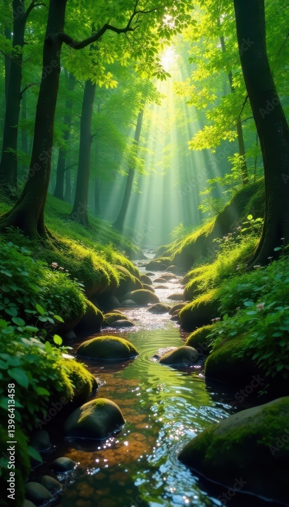Naklejka premium Sunlight dappled stream flows through lush green forest canopy, forest, fresh