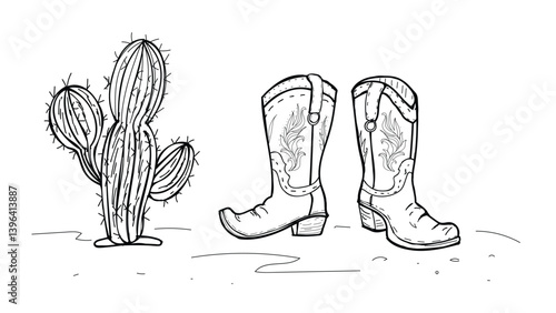 Cacti and cowboy boots sketch.  Wild West doodles