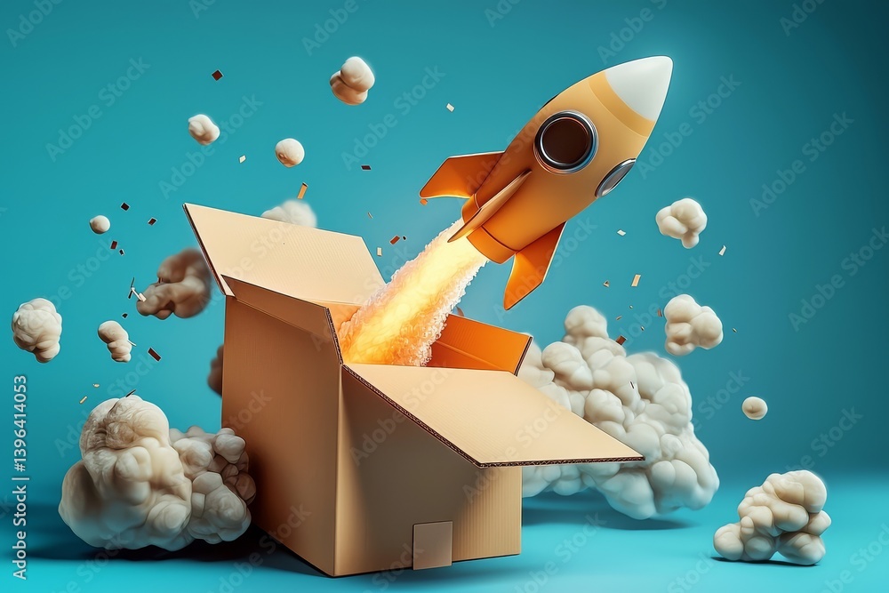 A 3D illustration of a rocket launching from a cardboard box.