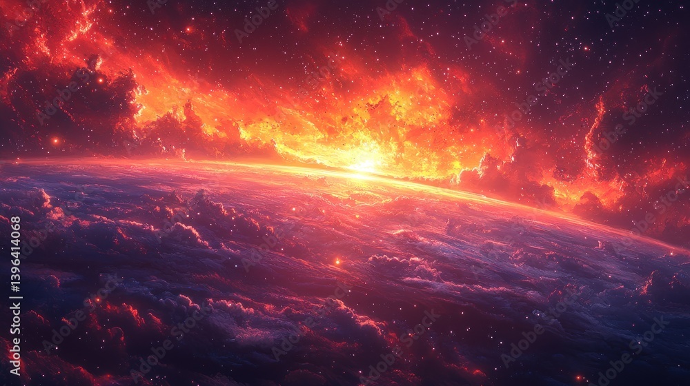 Fototapeta premium Fiery Celestial Sunrise: A Breathtaking Cosmic Landscape