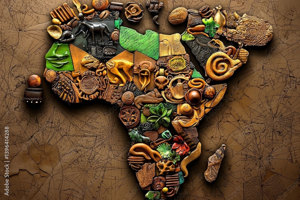 Discover a unique Africa map composed of culturally significant objects.