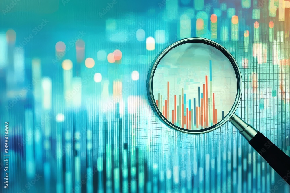 Data visualization through bar graphs is highlighted with a magnifying lens.