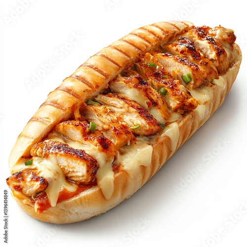 Grilled Chicken Sub Sandwich with Melted Cheese on White Background