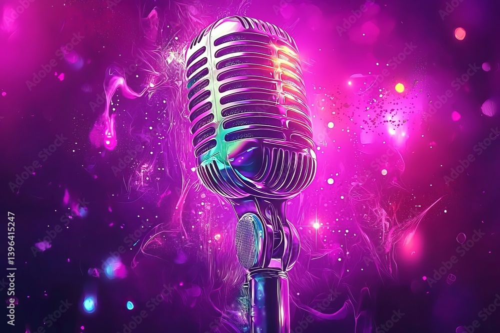 Vibrant glowing background with a microphone as the central focus.
