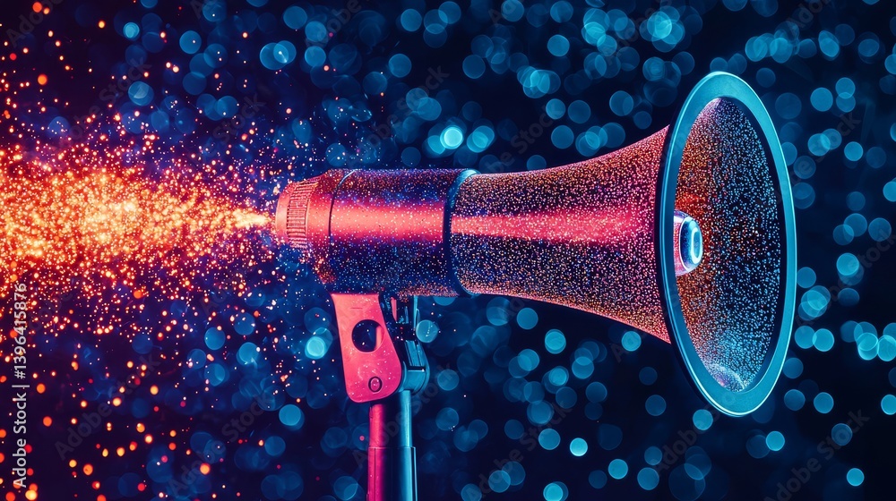 Dynamic Particle Release from Hologram of Megaphone on Purple