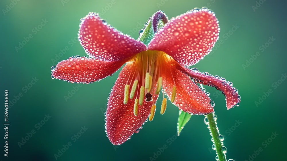 Dew Covered Red Lily Flower Close Up on Green Background Dew Covered Red Lily Flower Close Up on Green Background