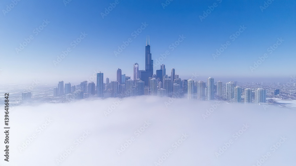 Obraz premium Chicago Skyline Emerging from Fog: A Breathtaking Aerial View