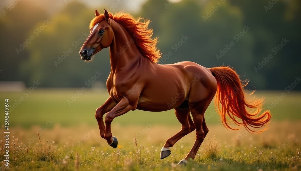 Fototapeta premium Stunning bay horse, flowing mane, elegant posture, farm animal, healthy